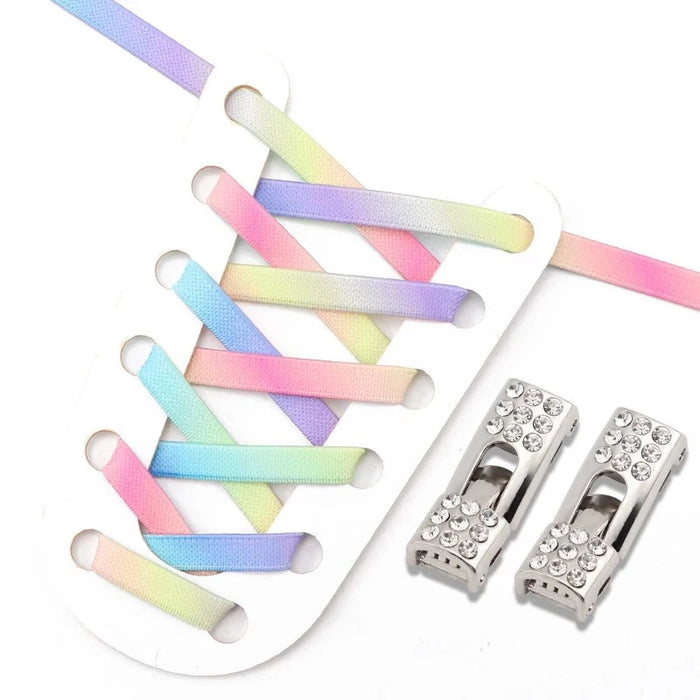 Rainbow No Tie 8Mm Wide Flats Diamond Cross Buckle Rubber Shoe Laces For Kids & Adults Shoes