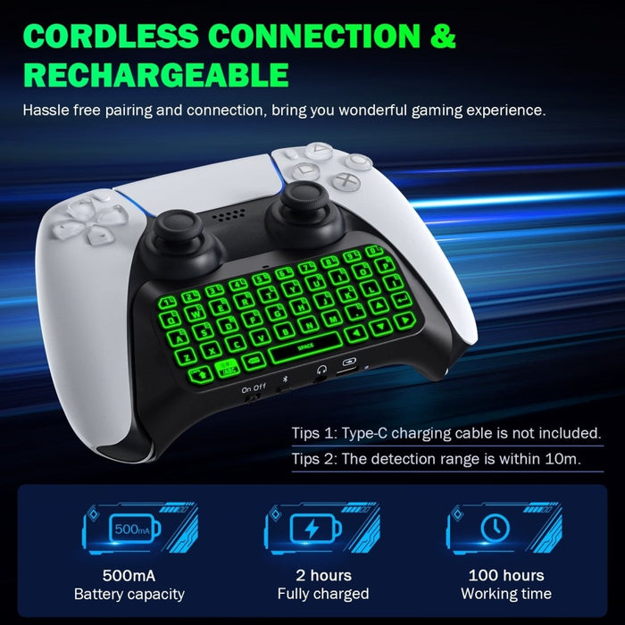 Bluetooth Wireless Mini Keypad Chatpad for Playstation 5 with Green Backlight, Built-in Speaker