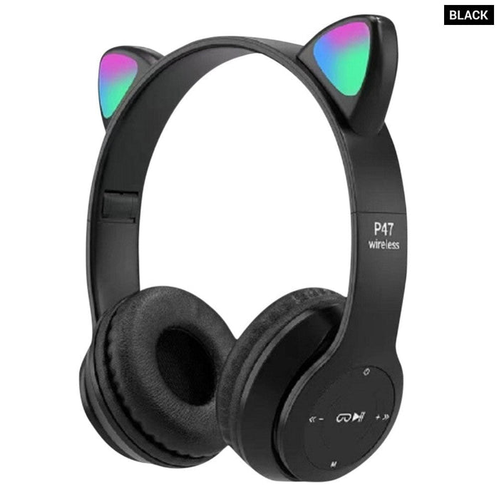 Wireless Headphones Cat Ear Bluetooth Compatible Helmets Glow Light Over-Ear Headsets Stereo Bass for Kids and Adult