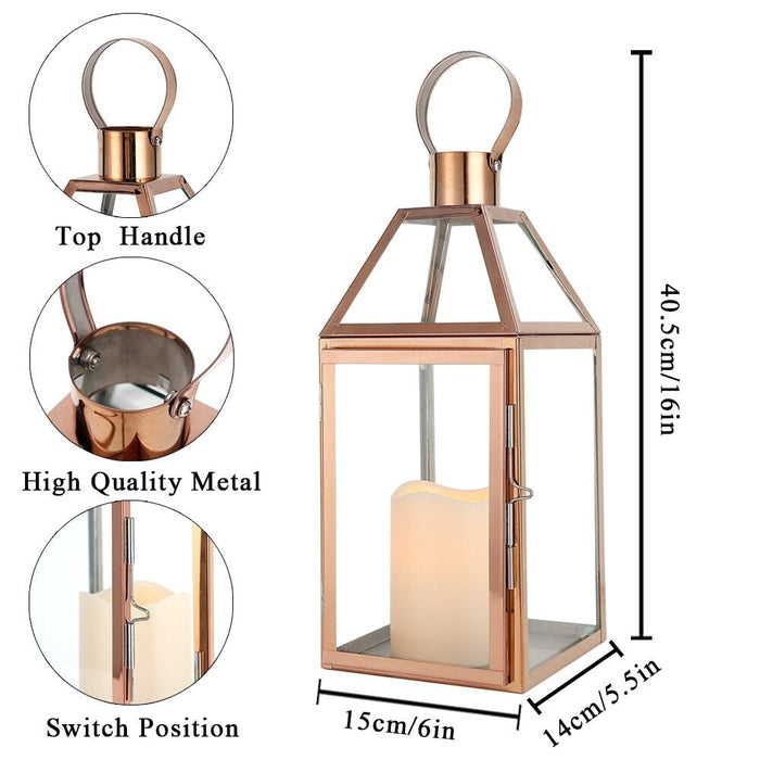 Rose Gold Stainless Steel Candle Holder Lanterns with Tempered Glass For Home Decor