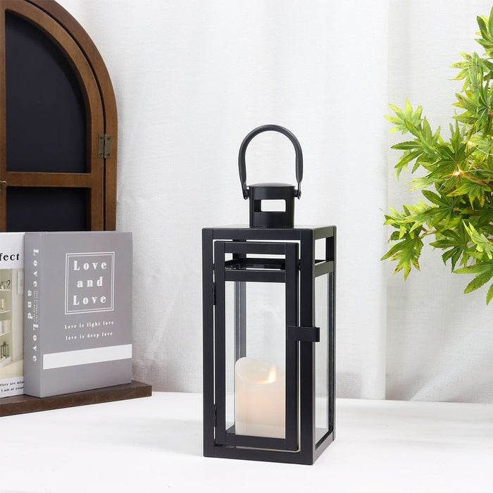 Black Metal Candle Lanterns Hanging With Tempered Glass for Indoor Outdoor Home Decor