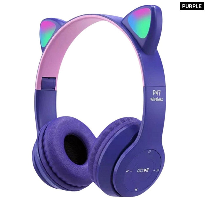 Wireless Headphones Cat Ear Bluetooth Compatible Helmets Glow Light Over-Ear Headsets Stereo Bass for Kids and Adult