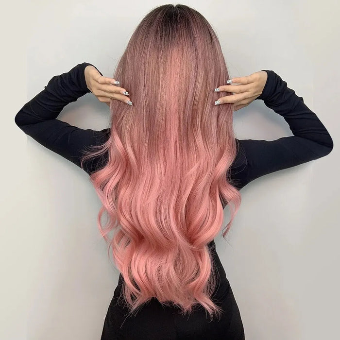 Long Wavy Pink Wig For Women Middle Part Cosplay Synthetic Hair Heat Resistant Natural Look