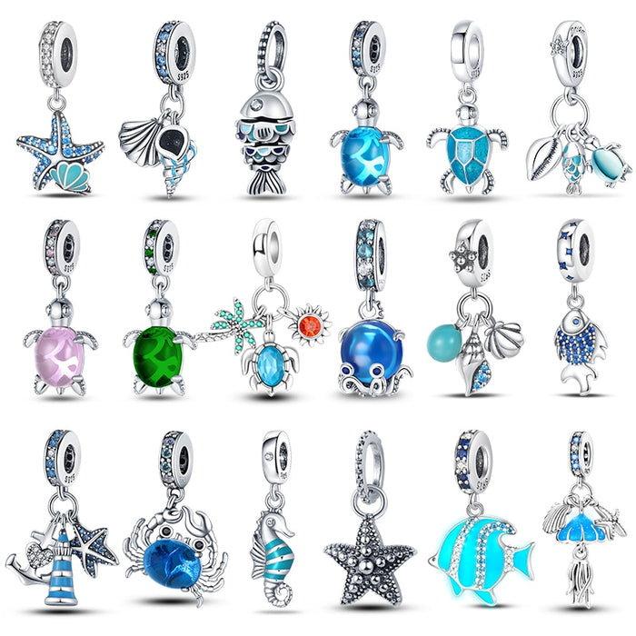 925 Sterling Silver Ocean Series Turtle Crab Mermaid Charms Beads Fit Original Pandora Bracelets Bangles Jewelrys