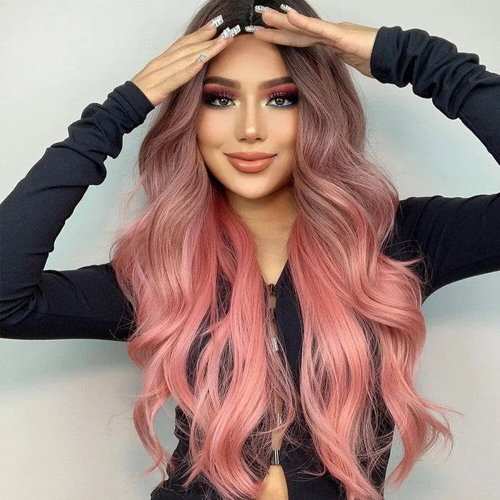 Long Wavy Pink Wig For Women Middle Part Cosplay Synthetic Hair Heat Resistant Natural Look