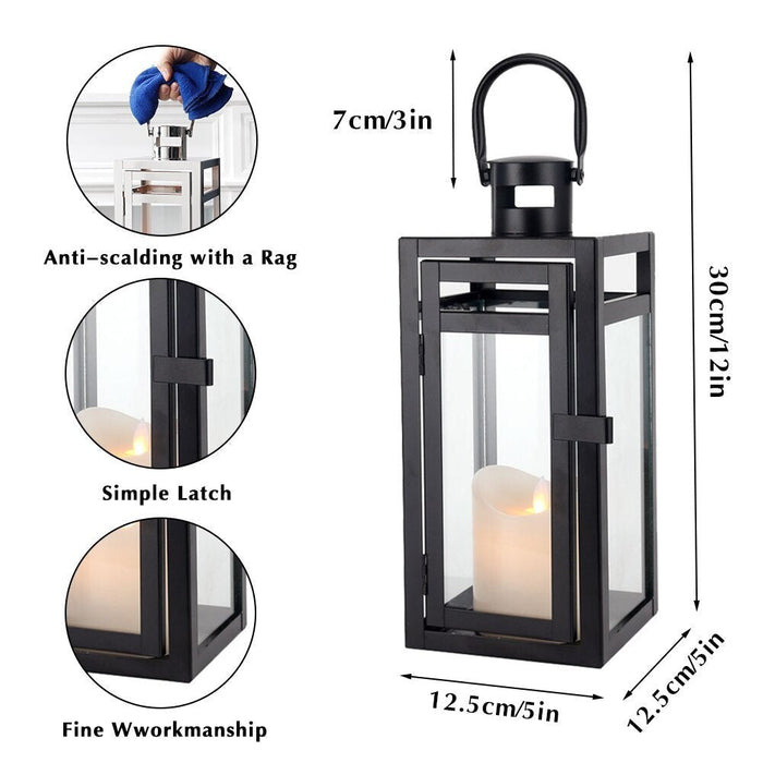 Black Metal Candle Lanterns Hanging With Tempered Glass for Indoor Outdoor Home Decor