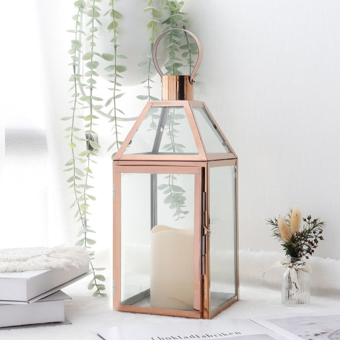 Rose Gold Stainless Steel Candle Holder Lanterns with Tempered Glass For Home Decor