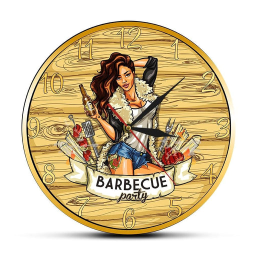 Barbecue Party Wall Sign Modern Clock Cow Girl Holding Beer