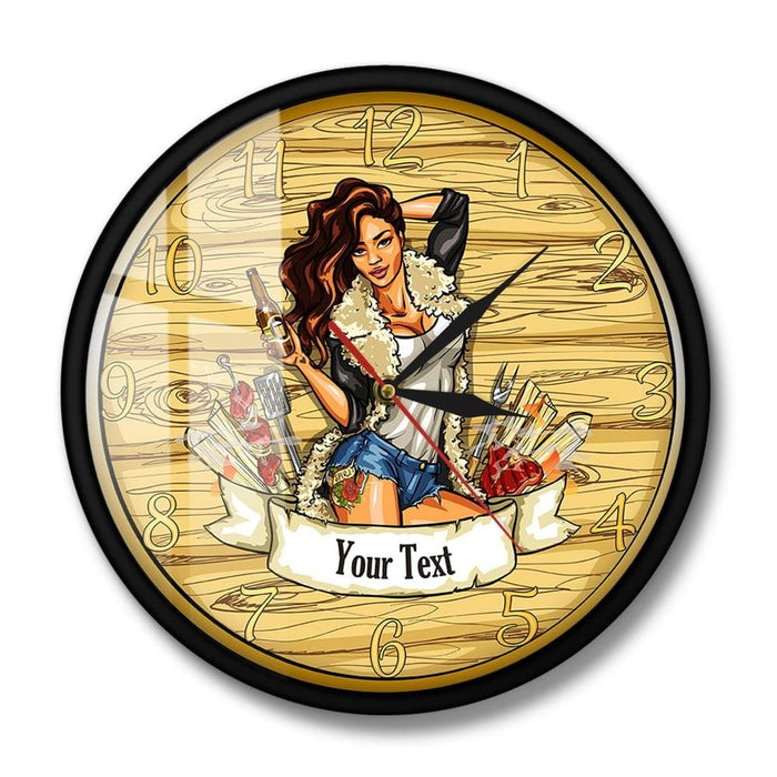 Barbecue Party Wall Sign Modern Clock Cow Girl Holding Beer