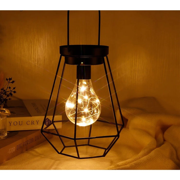 Battery Powered Hanging Diamond Metal Cage Lamp With Hook