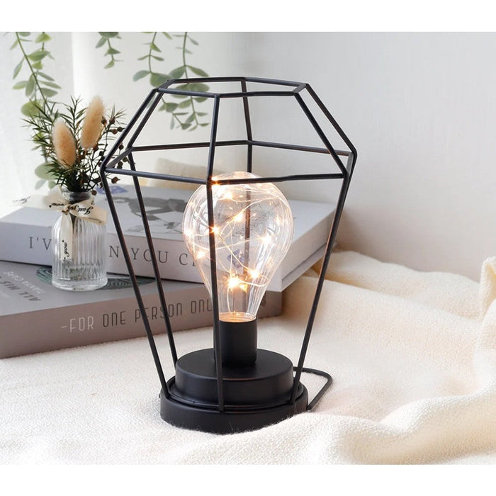 Battery Powered Hanging Diamond Metal Cage Lamp With Hook