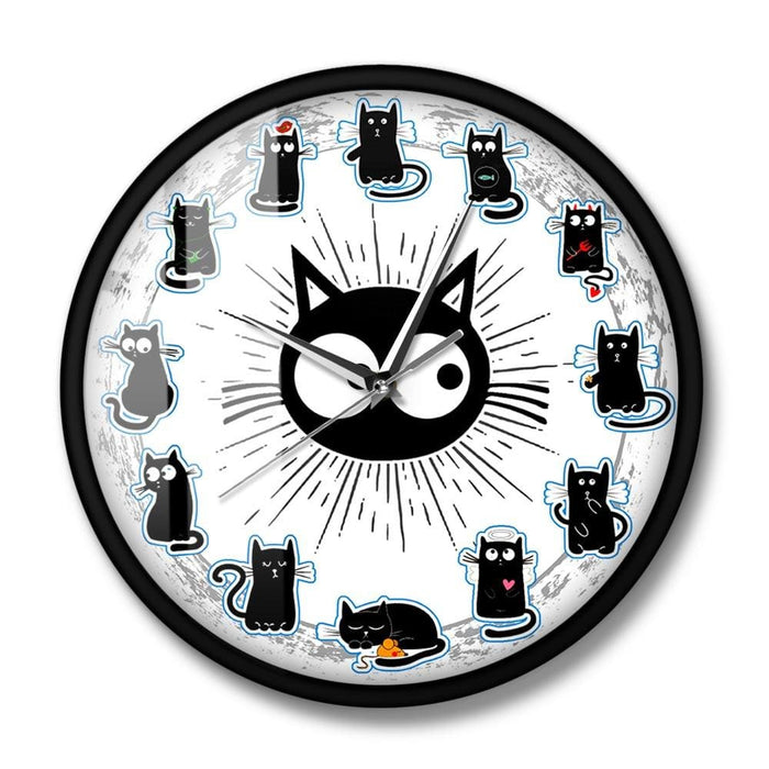 Black Cats Joy Style Wall Clock Kittens Art Silent Cartoon