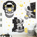 Black Space Gold Stars Cartoon Astronaut Planet Wall