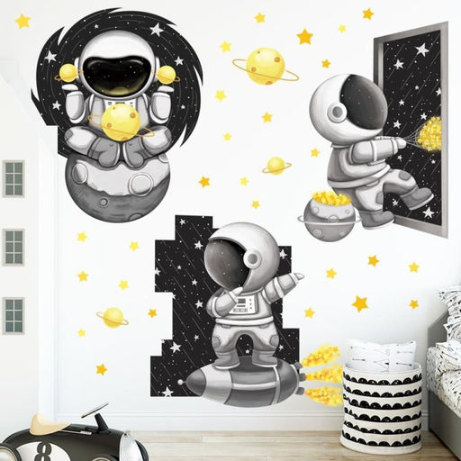 Black Space Gold Stars Cartoon Astronaut Planet Wall