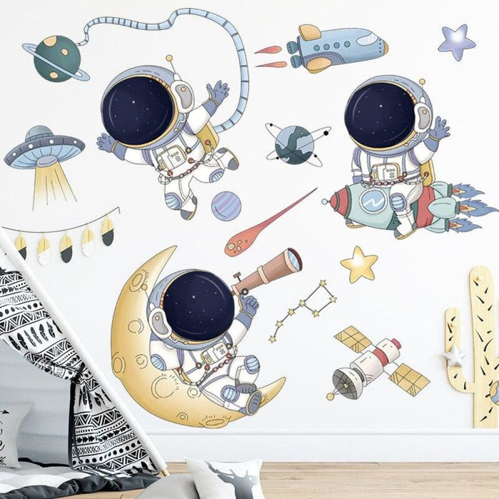 Black Space Gold Stars Cartoon Astronaut Planet Wall