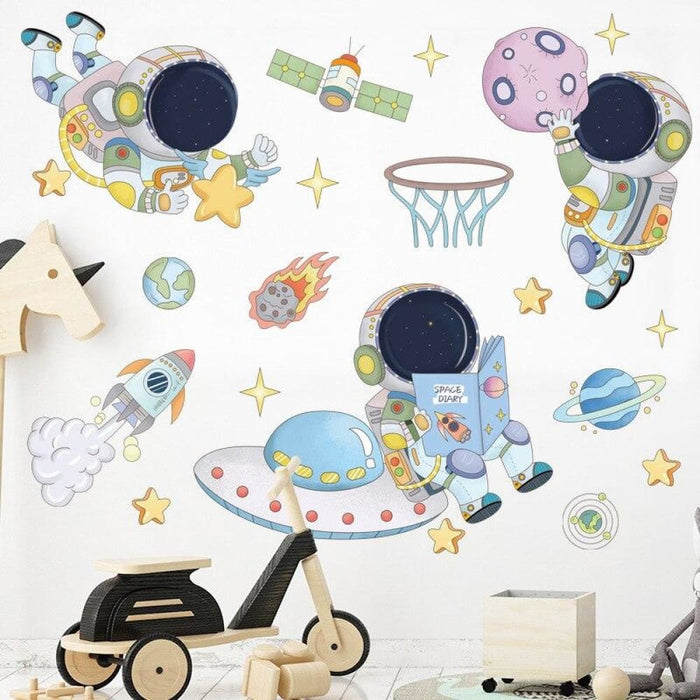 Black Space Gold Stars Cartoon Astronaut Planet Wall