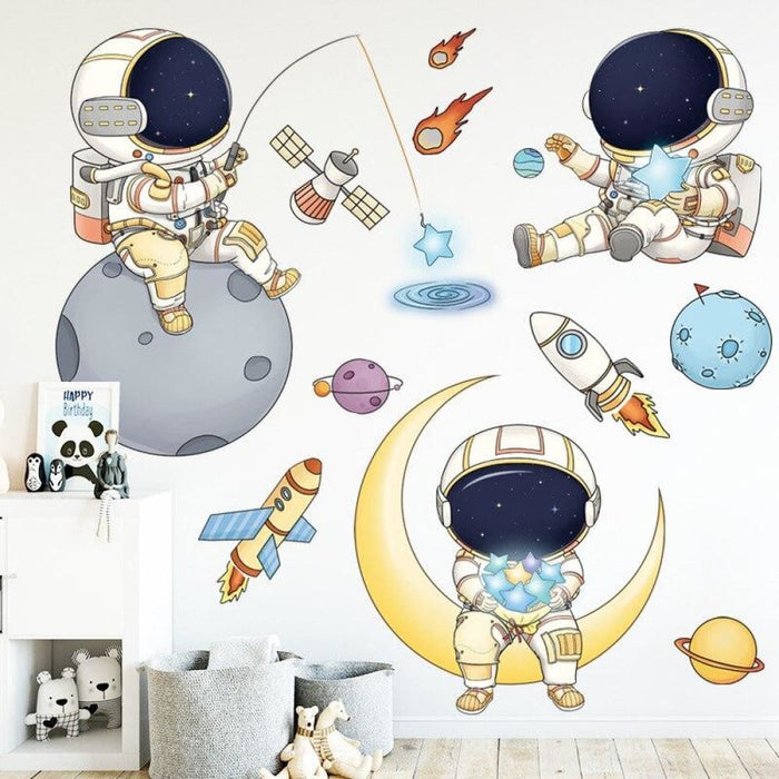 Black Space Gold Stars Cartoon Astronaut Planet Wall