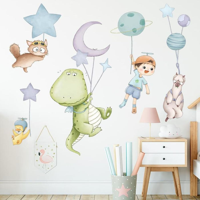 Brup Cartoon Animals Dinosaur Fly With Planet Balloons Wall