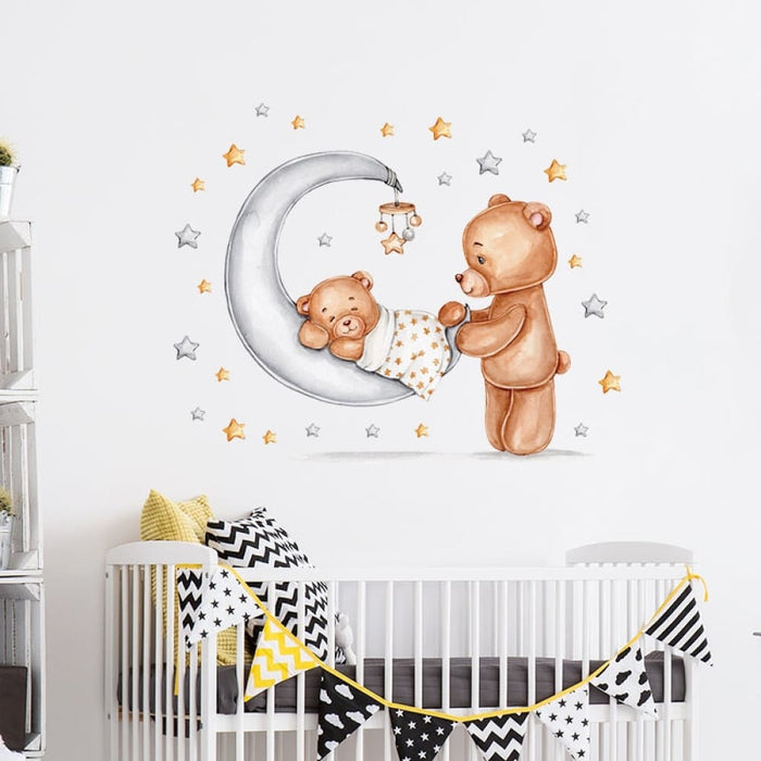 Cartoon Bear Mom And Baby On The Cradle Wall Stickers