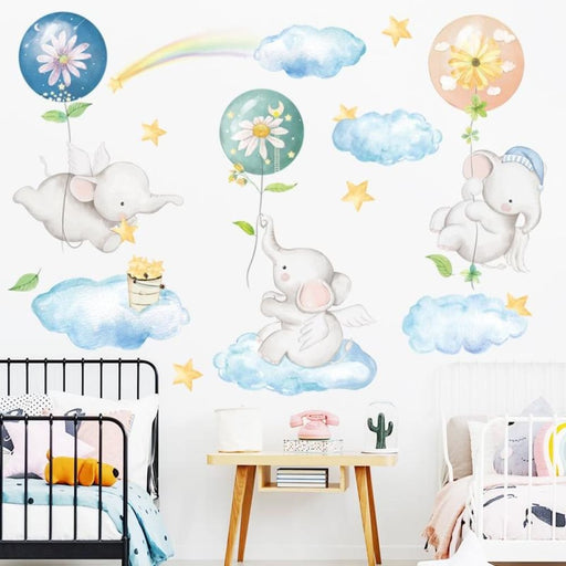Cartoon Elephant Baby Wall Stickers With Air Balloon Nursery