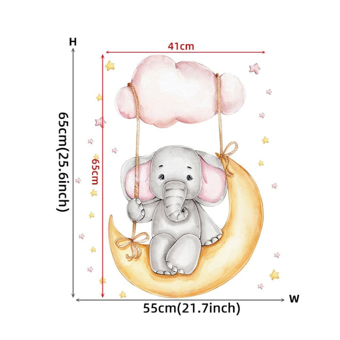 Cartoon Pink Baby Elephant Wall Stickers Hot Air Balloon