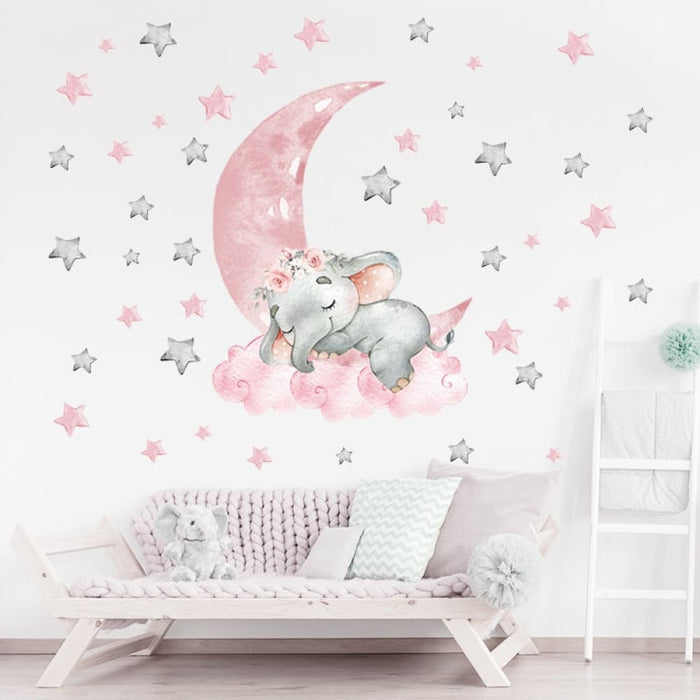 Cartoon Pink Baby Elephant Wall Stickers Hot Air Balloon