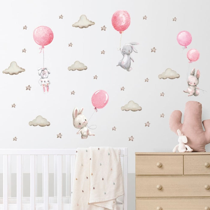 Cartoon Pink Baby Elephant Wall Stickers Hot Air Balloon