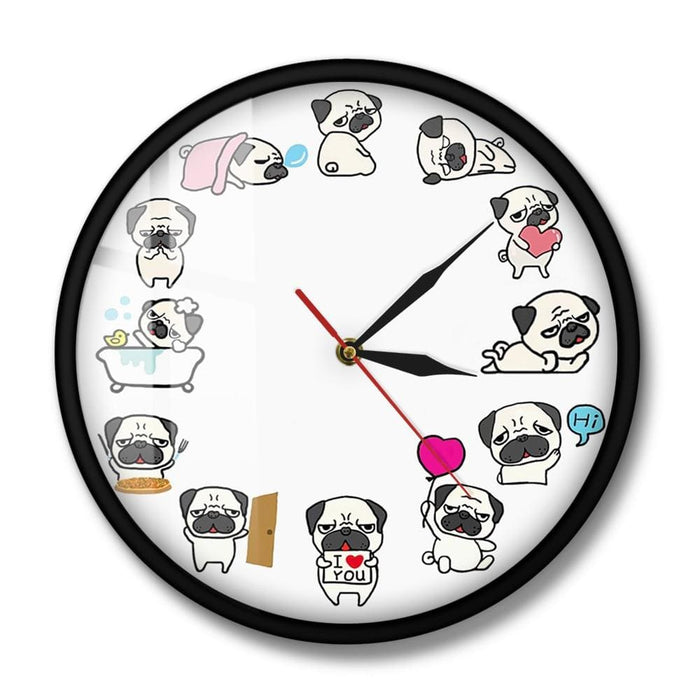 Cartoon Pug Dog Daily Life Wall Clock Lover Home Decor Non