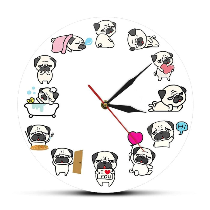 Cartoon Pug Dog Daily Life Wall Clock Lover Home Decor Non