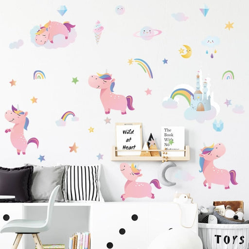 Cartoon Soft Pink Cute Unicorns With Rainbows Wall Stickers