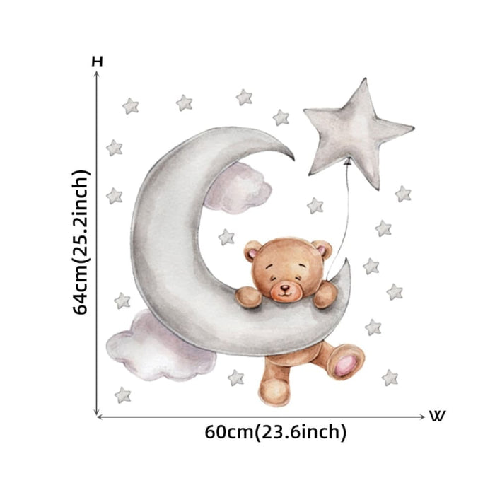 Cartoon Teddy Bear Sleeping On The Moon And Stars Wall