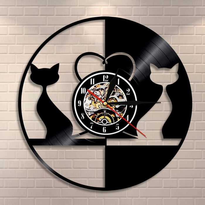 Cats Couple Modern Led Vinyl Record Wall Clock Black 