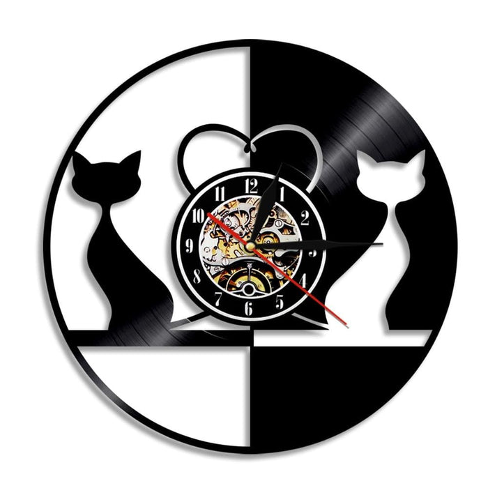 Cats Couple Modern Led Vinyl Record Wall Clock Black 