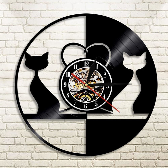 Cats Couple Modern Led Vinyl Record Wall Clock Black