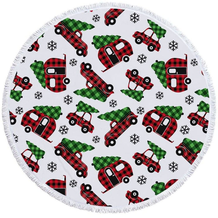 Christmas Red Checkered Round Beach Towel