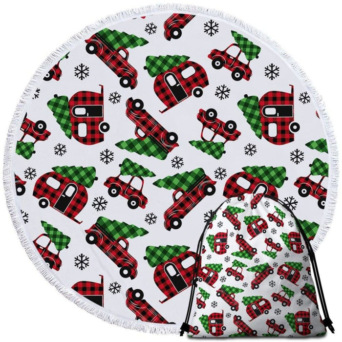 Christmas Red Checkered Round Beach Towel