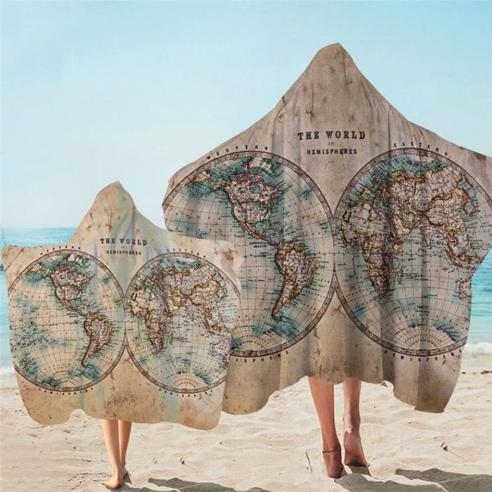 Compass Bathroom Hooded Towel World Map White