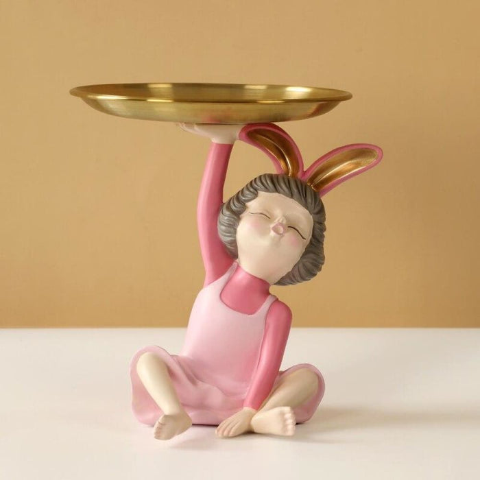 Decorative Rabbit Girl Statue With Tray For Storage Box