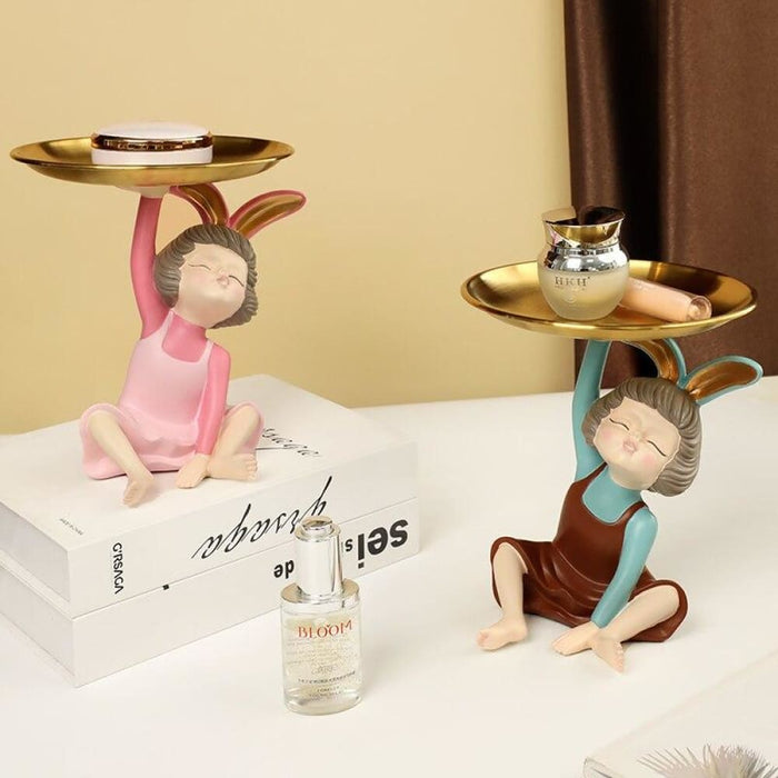 Decorative Rabbit Girl Statue With Tray For Storage Box