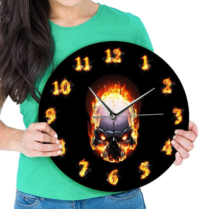 Demon Skull In Fire With Burning Numbers Modern Wall Clock