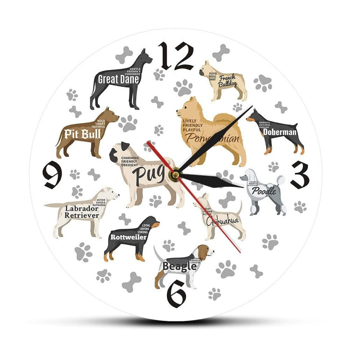 Dog Breeds Printed Wall Clock Paws Bones Puppy Dogs Modern