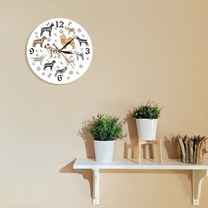 Dog Breeds Printed Wall Clock Paws Bones Puppy Dogs Modern