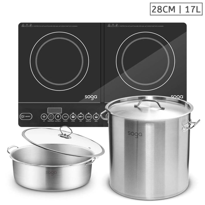 Dual Burners Cooktop Stove 17l Stainless Steel Stockpot 28cm