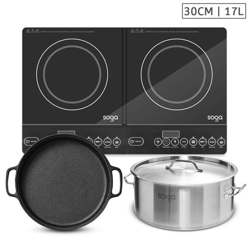 Dual Burners Cooktop Stove 30cm Cast Iron Skillet And 17l