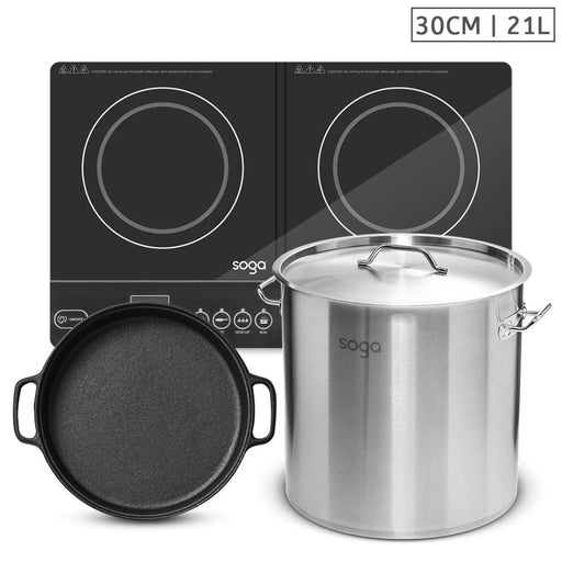 Dual Burners Cooktop Stove 30cm Cast Iron Skillet And 21l