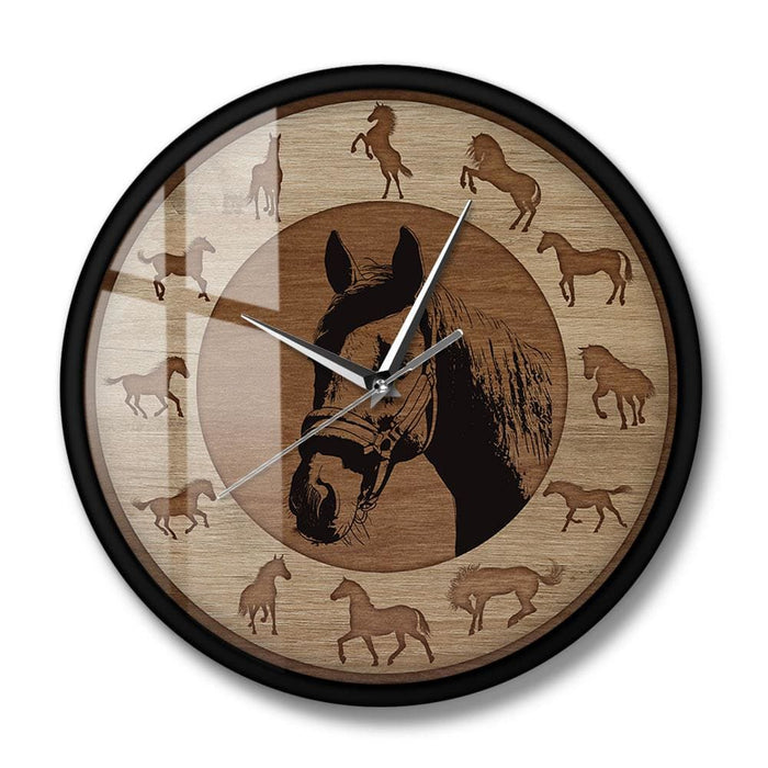 Farmhouse Style Horse Silhouettes Wall Clock Wood Grain