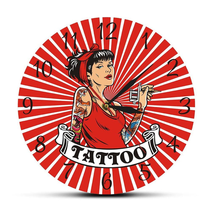 Female Tattooist With Tattoo Gun Red Wall Clock Tattooing