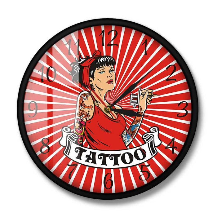 Female Tattooist With Tattoo Gun Red Wall Clock Tattooing