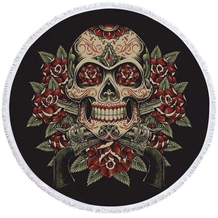 Floral Sugar Skull Round Beach Towel