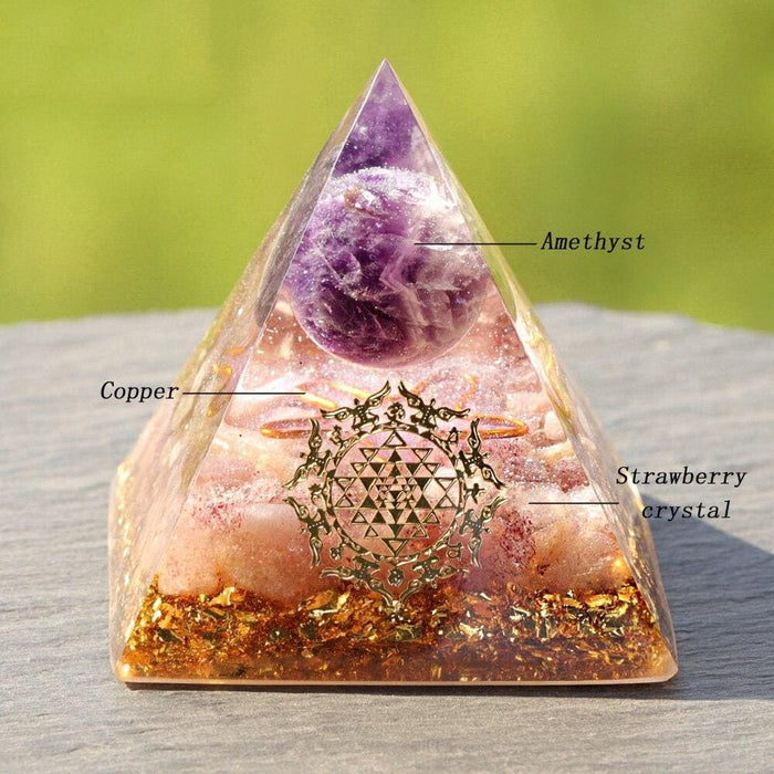 Handmade Amethyst Crystal Sphere Orgonite Pyramid Strawberry